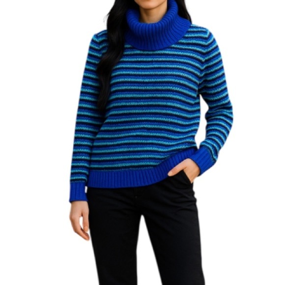 TALBOTS Lambswool Stripe Turtleneck Knit Sweater Cornflower Blue Chunky Prep M - Picture 1 of 10
